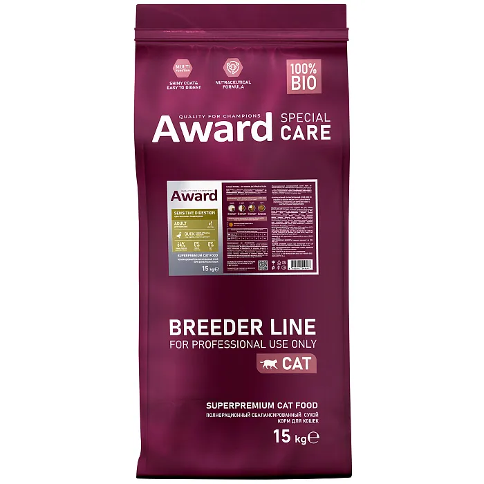 Сухой корм AWARD SPECIAL CARE Sensitive Digestion для взрослых кошек с чувствительным пищеварением со свежим мясом утки 15кг