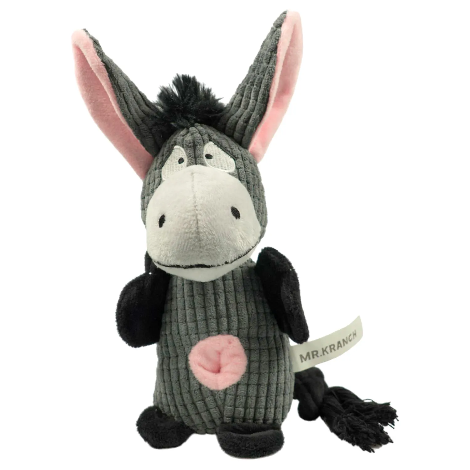Игрушка Mr.Kranch для собак Ослик плюшевая с канатиками пищалкой и карманом под лакомство 21 см серая