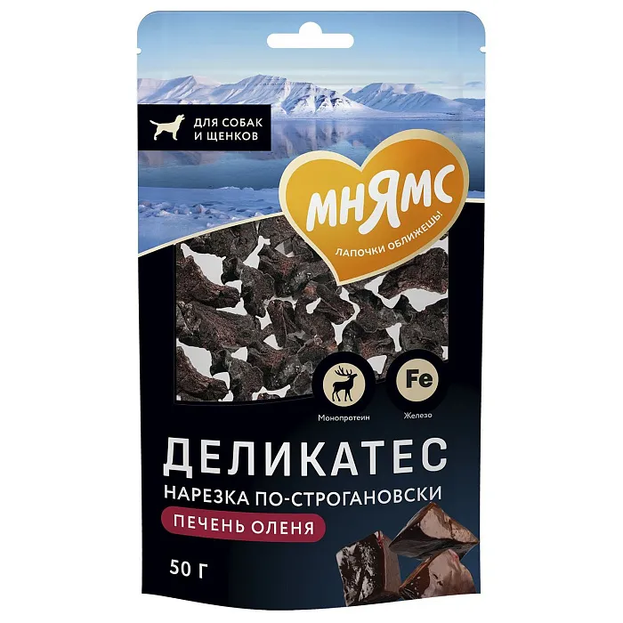 Лакомство Мнямс Деликатес «Нарезка по-строгановски» из печени северного оленя для собак 50 г