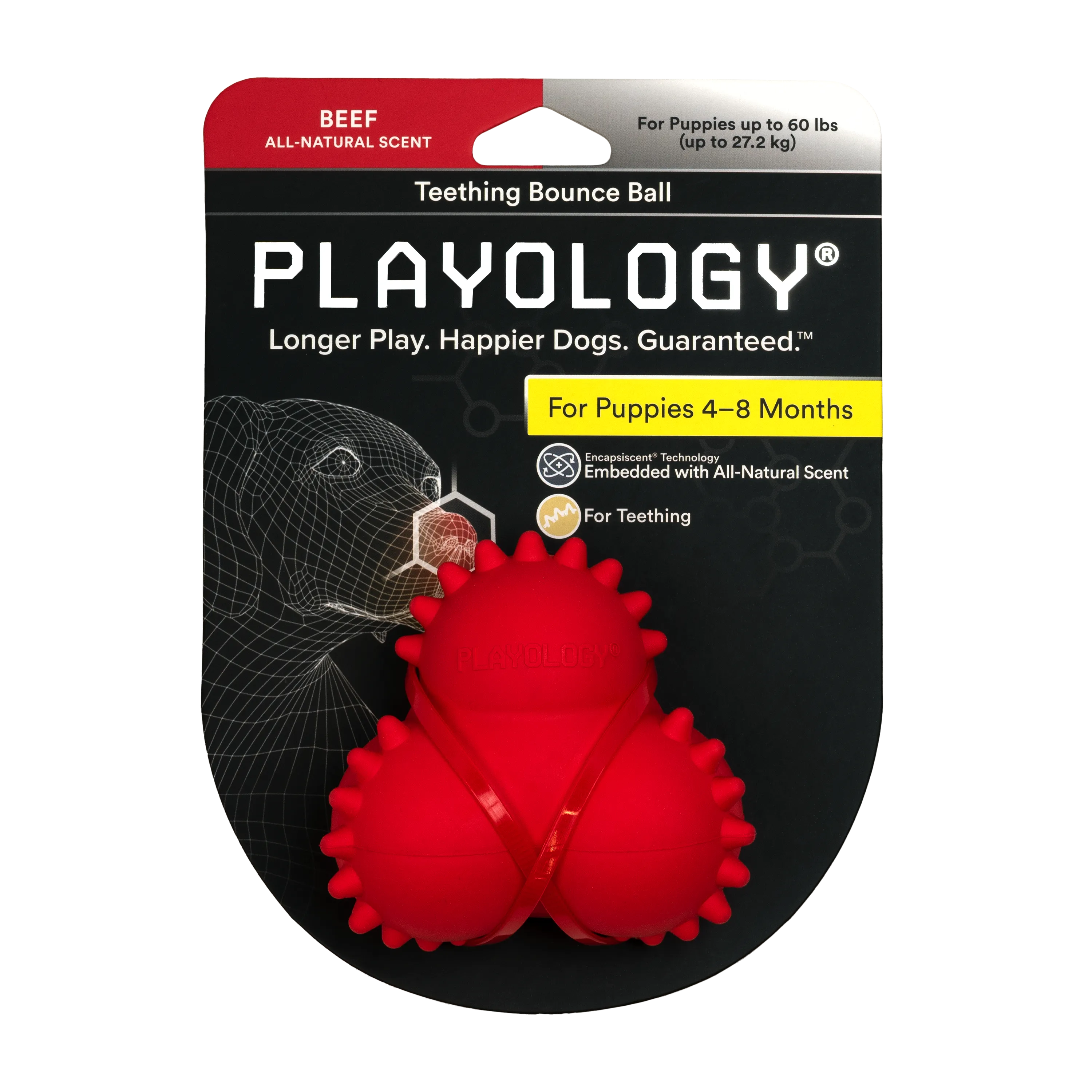 Playology дентальный жевательный тройной мяч SQUEAKY BOUNCE BALL для щенков 4-8 месяцев с ароматом говядины, цвет красный СКИДКА 50%