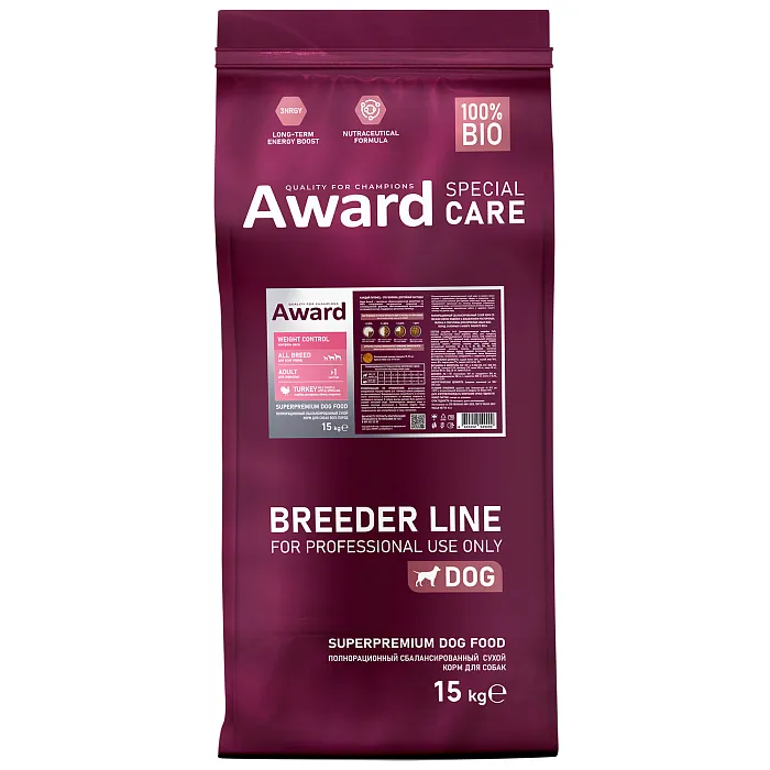 Сухой корм AWARD PFB SPECIAL CARE Weight Control для взрослых собак всех пород для контроля веса со свежим мясом индейки 15кг