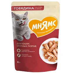 Влажный корм Мнямс На каждый день Кусочки в соусе с говядиной для крупных кошек 85 г