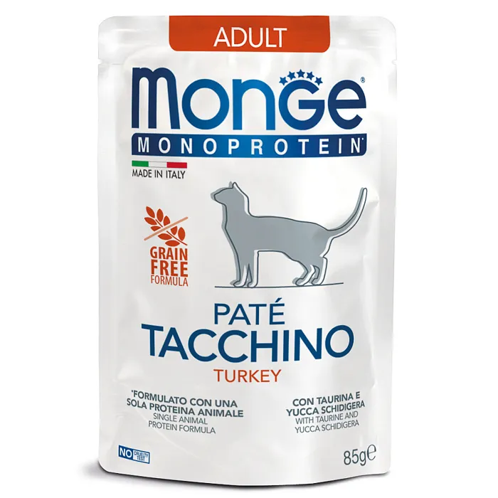 Влажный корм Monge Cat Monoprotein для взрослых кошек, из индейки, паучи 85 г