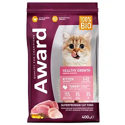 Сухой корм AWARD Healthy growth для котят от 1 месяца, беременных и кормящих кошек с индейкой и курицей с добавлением рыбьего жира и семян льна 400г