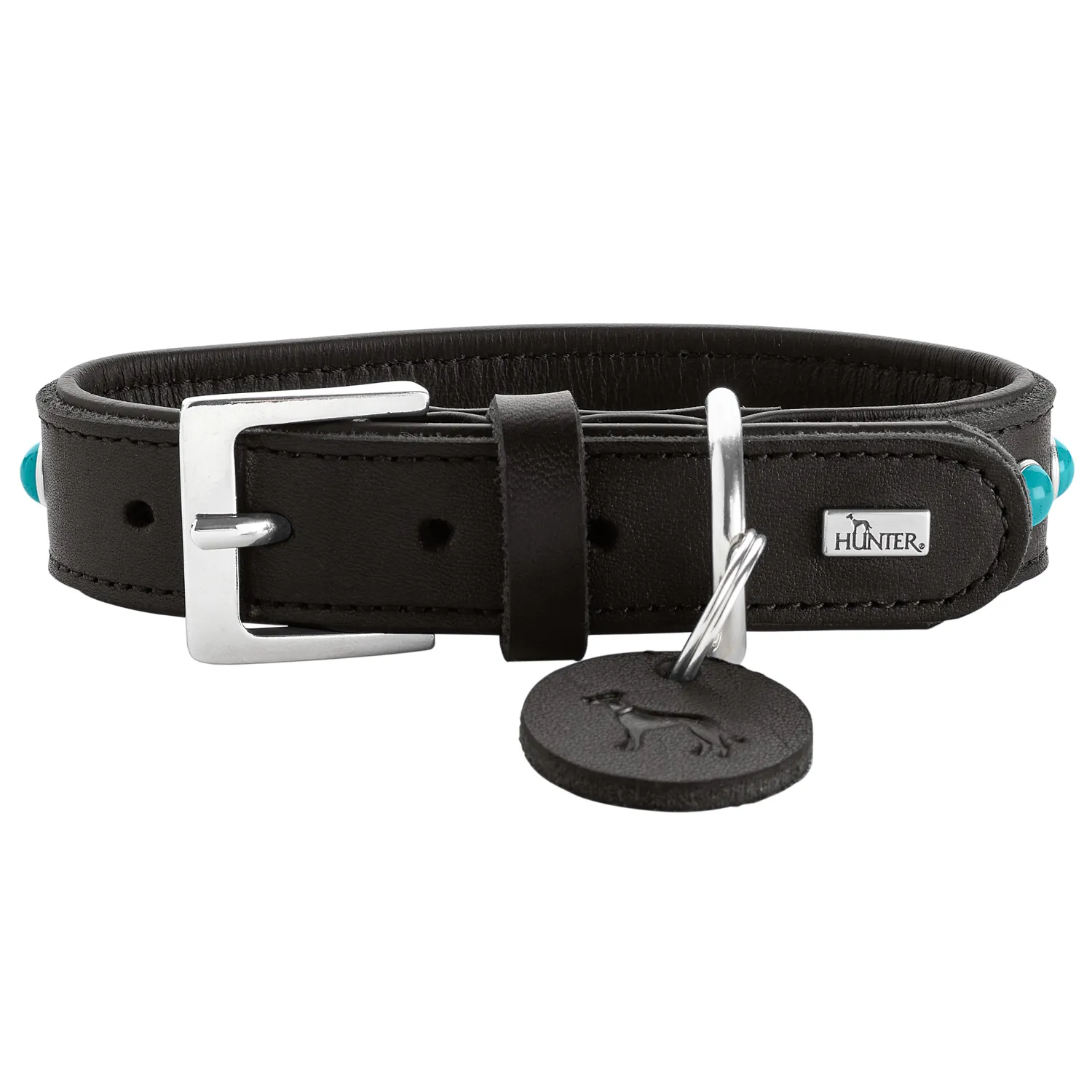 Hunter ошейник для собак Modica XS-S (24-30 см) натуральная кожа, черный, фурнитура с имитацией бирюзы СКИДКА 40%