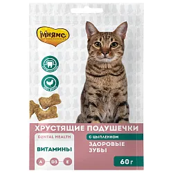 Лакомство Мнямс "Здоровые зубы" хрустящие подушечки для кошек с цыпленком 60 г Лакомство Мнямс "Здоровые зубы" хрустящие подушечки для кошек с цыпленком 60 г