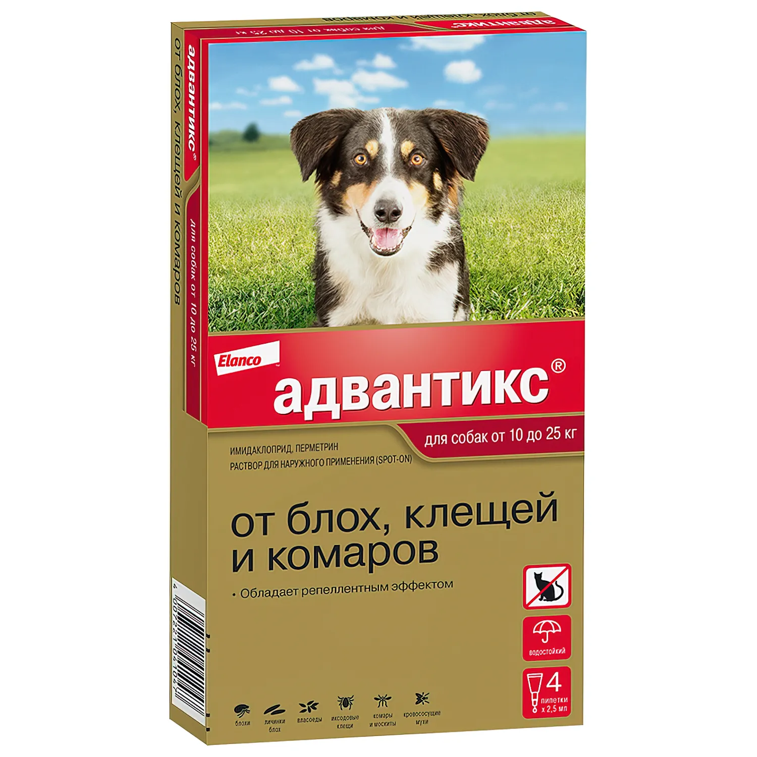 Bayer Адвантикс 250 С для собак 10-25 кг от блох, клещей и комаров (4 пипетки х 2,5 мл)
