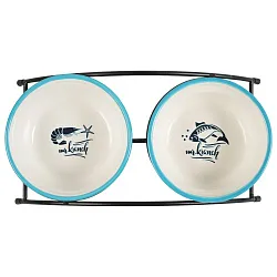 Миски Mr.Kranch на подставке для собак и кошек двойные 2x290 мл fish&chips, голубые Миски Mr.Kranch на подставке для собак и кошек двойные 2x290 мл fish&chips, голубые