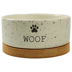 Миска Mr.Kranch Bamboo WOOF керамическая белая на бамбуковой подставке 470 мл Миска Mr.Kranch Bamboo WOOF керамическая белая на бамбуковой подставке 470 мл