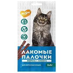 Лакомство Мнямс лакомые палочки для кошек с форелью и лососем 3х5 г Лакомство Мнямс лакомые палочки для кошек с форелью и лососем 3х5 г