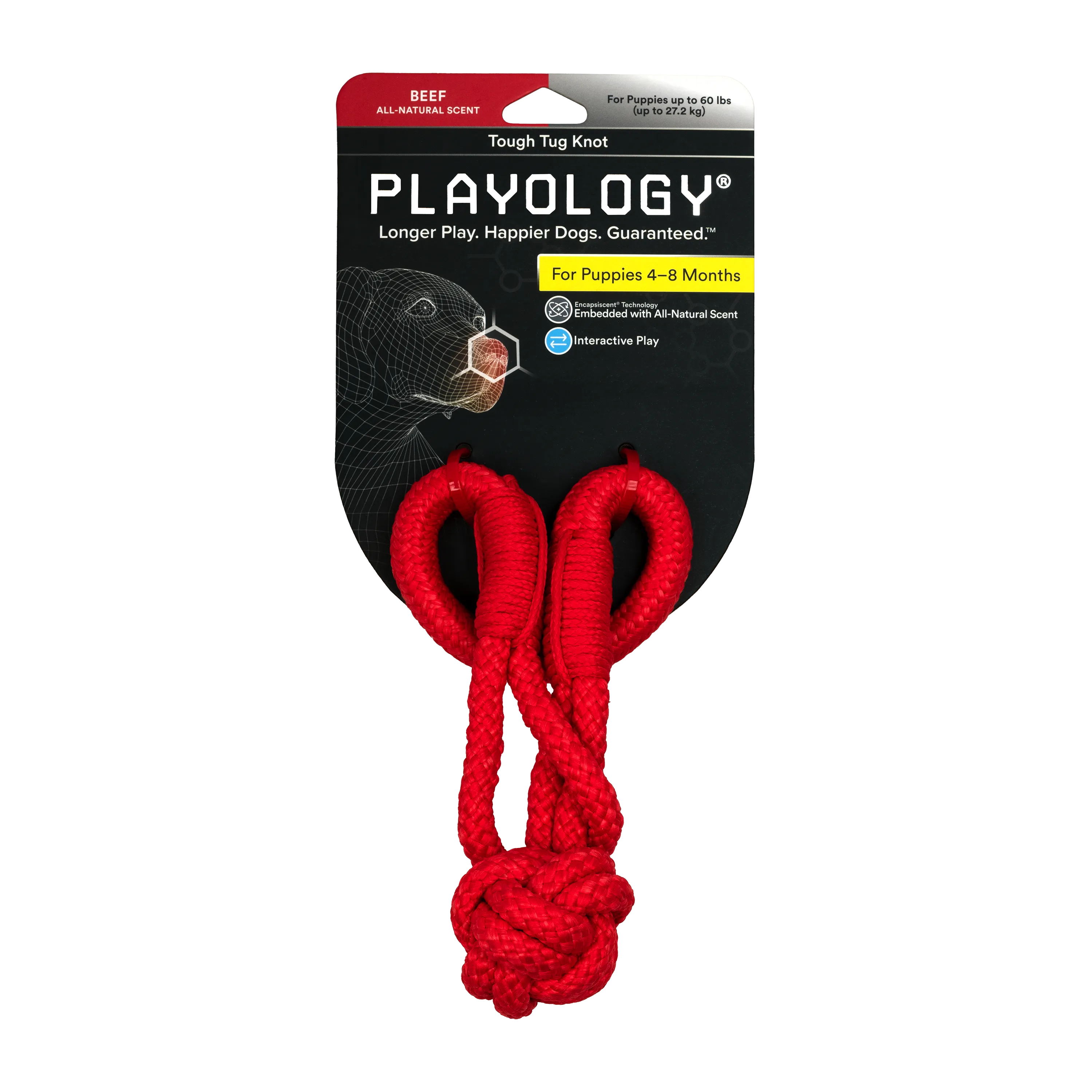 Playology жевательный канат TOUGH TUG KNOT для щенков 4-8 месяцев с ароматом говядины, цвет красный СКИДКА 50%