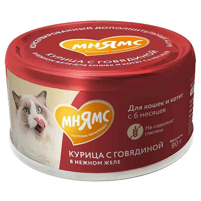 Влажный дополнительный корм Мнямс На каждый день для кошек и котят старше 6 месяцев "курица с говядиной в нежном желе" 80 г