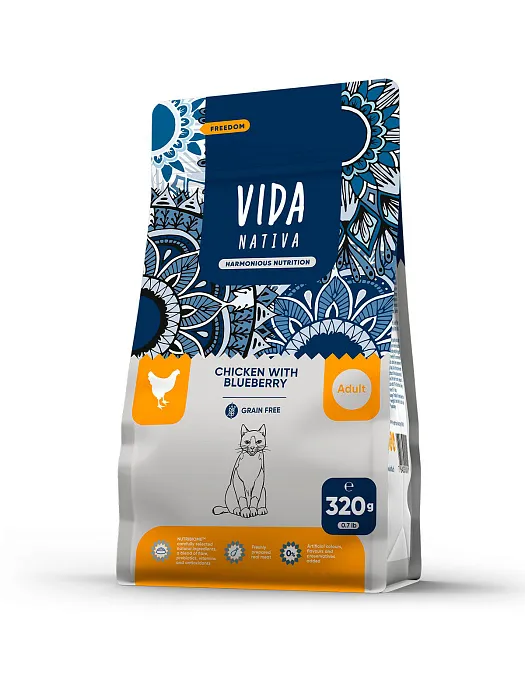 Сухой корм VIDA NATIVA для взрослых кошек из курицы с черникой 320 г
