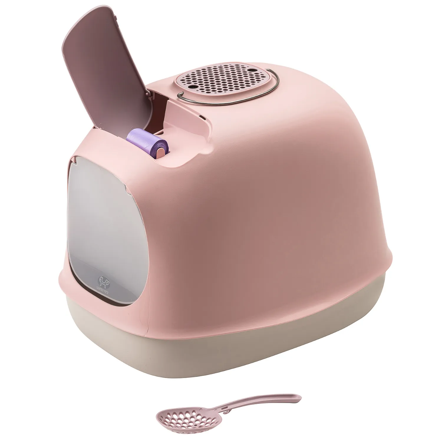 United Pets био-туалет "Minù" в комплекте с совочком, пакетами для уборки и угольным фильтром 40х40х50 см, розовый/серый СКИДКА 50%