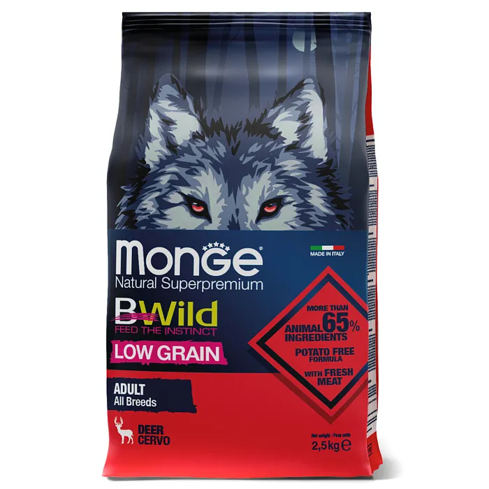 Сухой корм Monge Dog BWild LOW GRAIN для взрослых собак, низкозерновой, из мяса оленя 2,5 кг