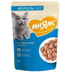 Влажный корм Мнямс На каждый день Кусочки в соусе с форелью для красивой шерсти кошек 85 г
