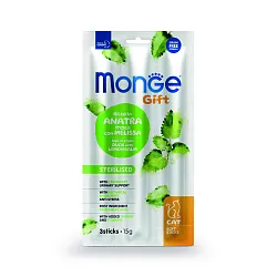 Лакомство Monge Gift Sterilised для стерилизованных кошек "Мягкие палочки" со свежей уткой, мелиссой лекарственной и клюквой 15 г Лакомство Monge Gift Sterilised для стерилизованных кошек "Мягкие палочки" со свежей уткой, мелиссой лекарственной и клюквой 15 г