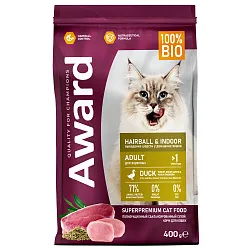 Сухой корм AWARD Hairball & Indoor для взрослых кошек для выведения шерсти с уткой и индейкой с добавлением зеленой чечевицы и Юкки Шидигера 400г