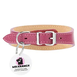 Ошейник-селедка Mr.Kranch для собак из натуральной кожи с QR-адресником, 19-23см, малиновый Ошейник-селедка Mr.Kranch для собак из натуральной кожи с QR-адресником, 19-23см, малиновый