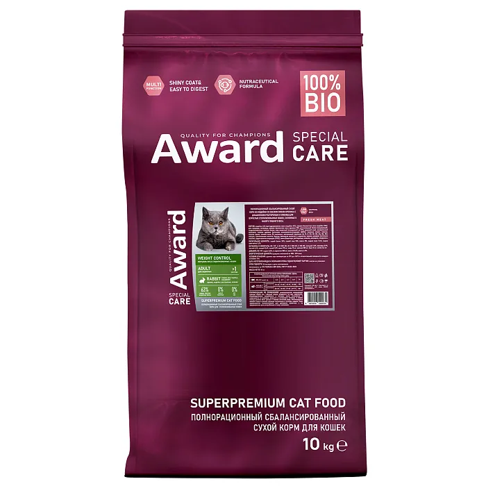 Сухой корм AWARD SPECIAL CARE Weight Control для взрослых стерилизованных кошек для контроля веса со свежим мясом кролика 10кг