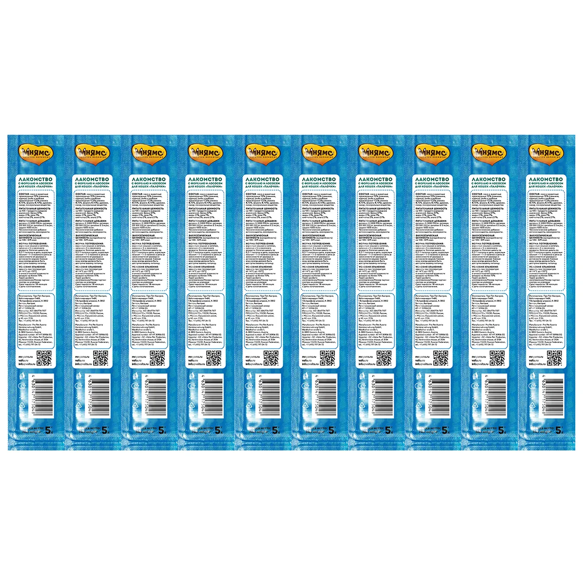 Лакомство Мнямс лакомые палочки 13,5 см для кошек с форелью и лососем 10х5 г