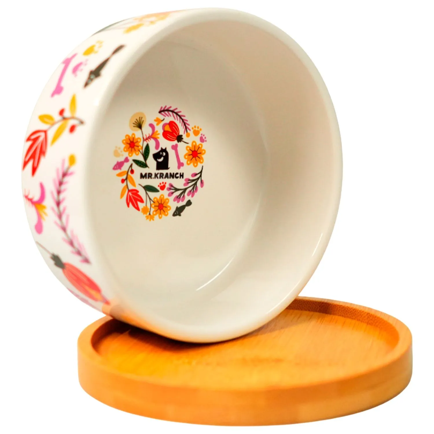 Миска Mr.Kranch Bamboo 340 мл Цветы Прованса керамическая на бамбуковой подставке розовая