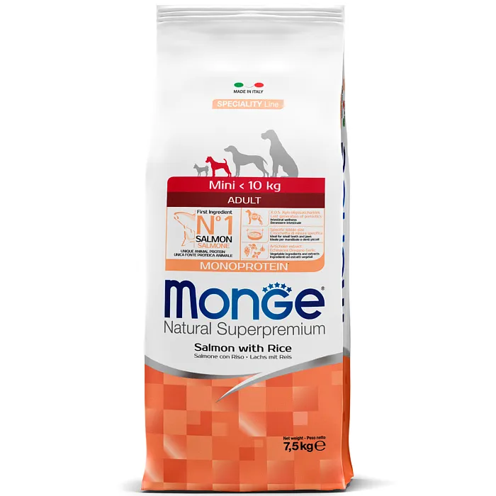 Сухой корм Monge Dog Speciality Line Monoprotein Mini для взрослых собак мелких пород, из лосося с рисом 7,5 кг
