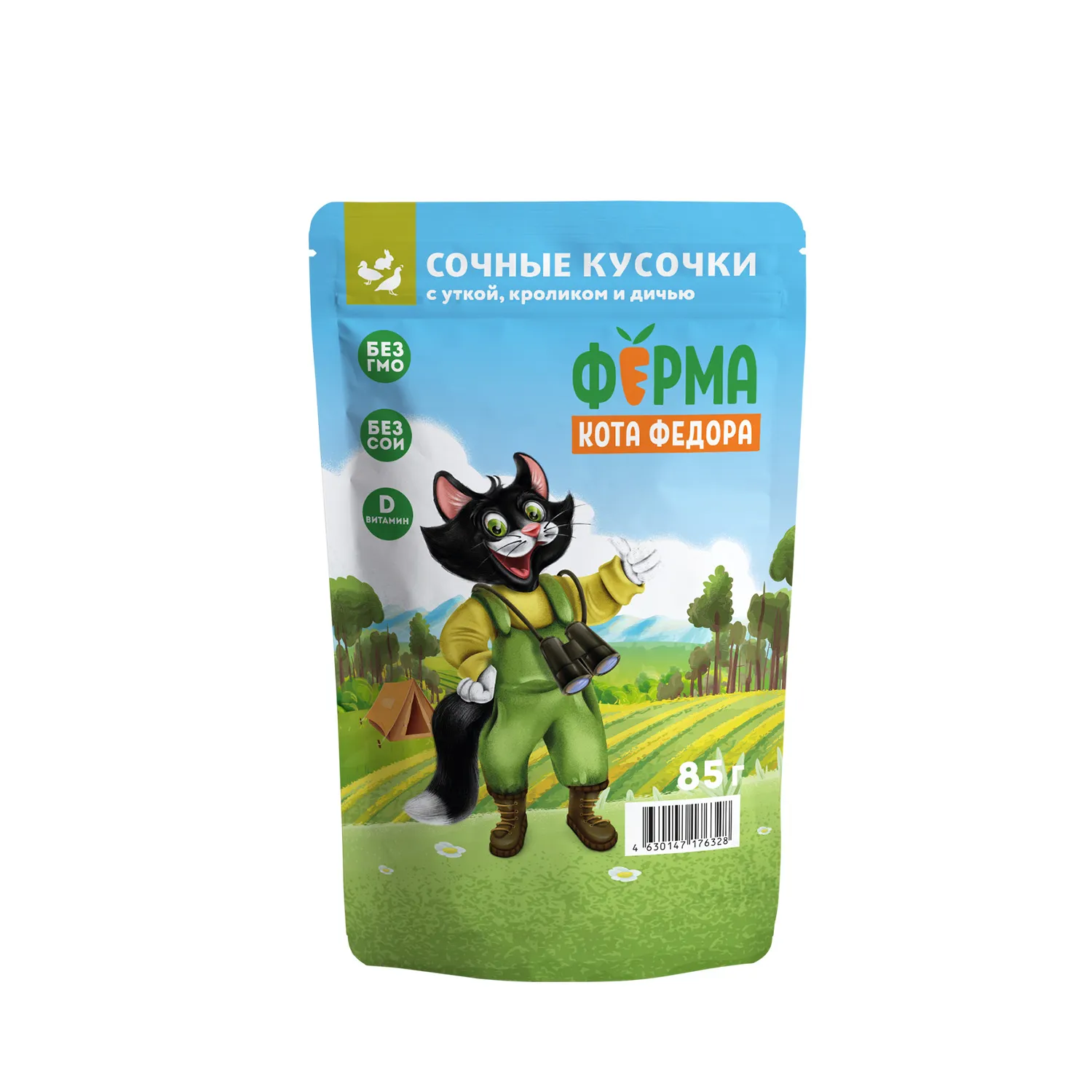 Влажный корм Ферма кота Фёдора мясные кусочки для кошек с уткой, кроликом и дичью 85г