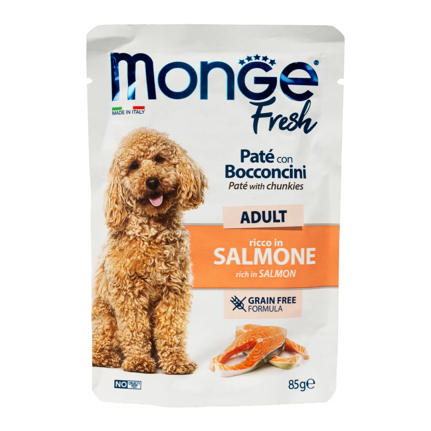 Влажный корм Monge Dog Fresh для взрослых собак, паштет с кусочками лосося, паучи 85 г