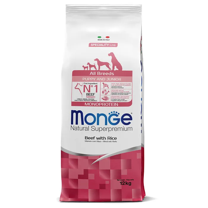 Сухой корм Monge Dog Speciality Line Monoprotein Puppy & Junior для щенков всех пород, из говядины с рисом 12 кг