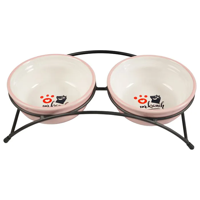 Миски Mr.Kranch на подставке для собак и кошек двойные 2x290 мл с лапкой розовые