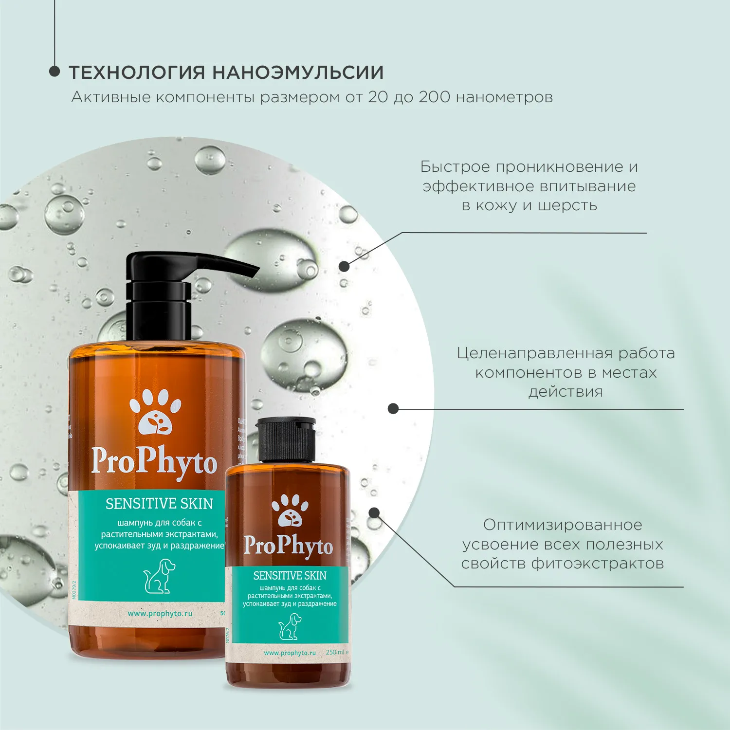 Жидкий шампунь ProPhyto SENSITIVE SKIN SHAMPOO для собак с растительными экстрактами против зуда и раздражения, 250 мл