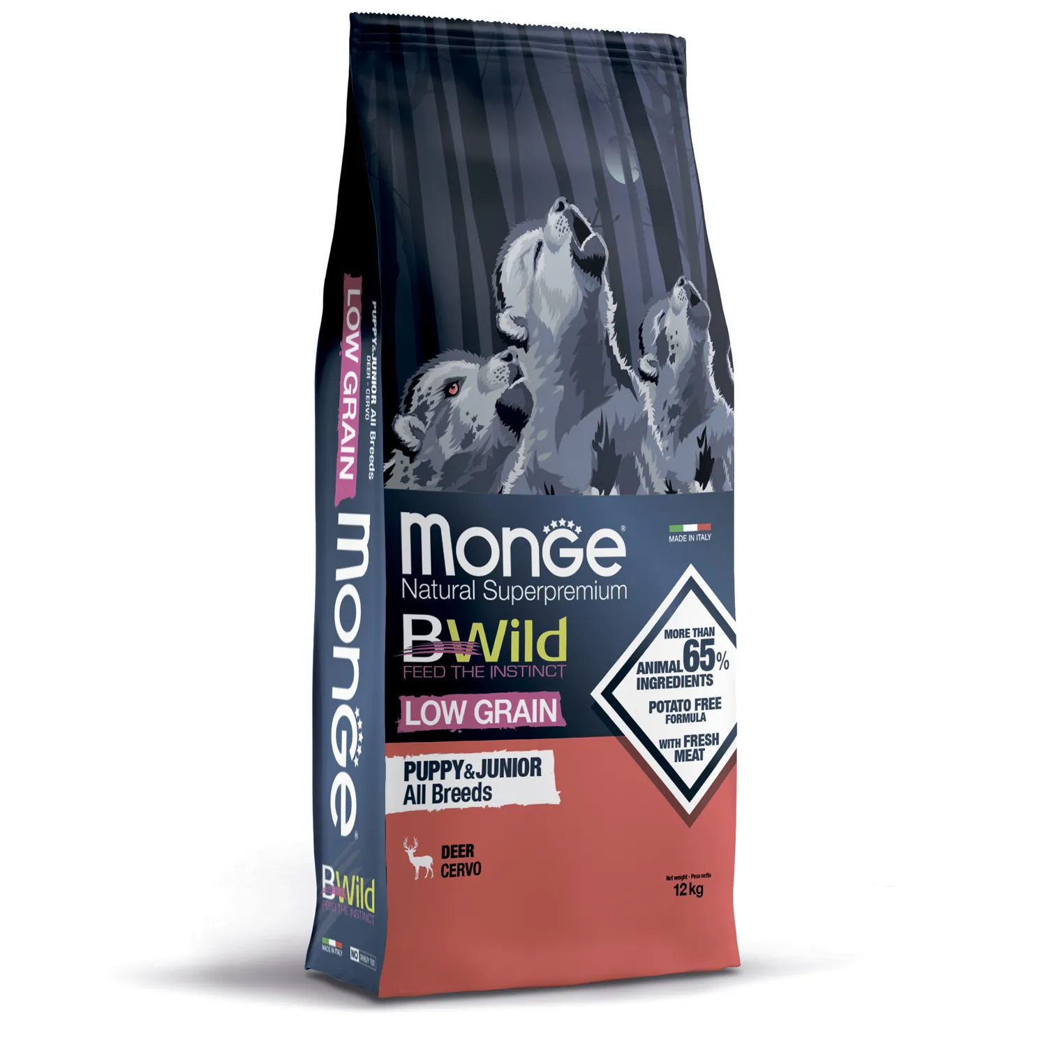 Сухой корм Monge Dog BWild LOW GRAIN Puppy & junior для щенков, низкозерновой, из мяса оленя 12 кг