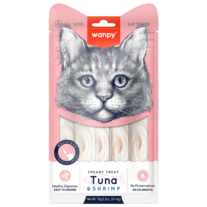 Wanpy Cat Лакомство для кошек «нежное пюре» из тунца и креветок 70 г