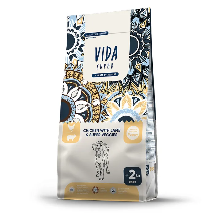 Сухой корм VIDA SUPER для щенков средних и крупных пород из курицы с ягненком и овощами 2 кг