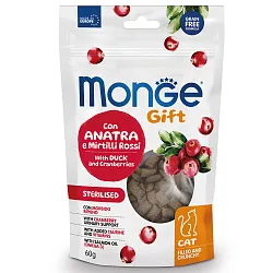 Лакомство Monge Gift Sterilised для стерилизованных кошек "Хрустящие подушечки с начинкой" с уткой и клюквой 60 г Лакомство Monge Gift Sterilised для стерилизованных кошек "Хрустящие подушечки с начинкой" с уткой и клюквой 60 г