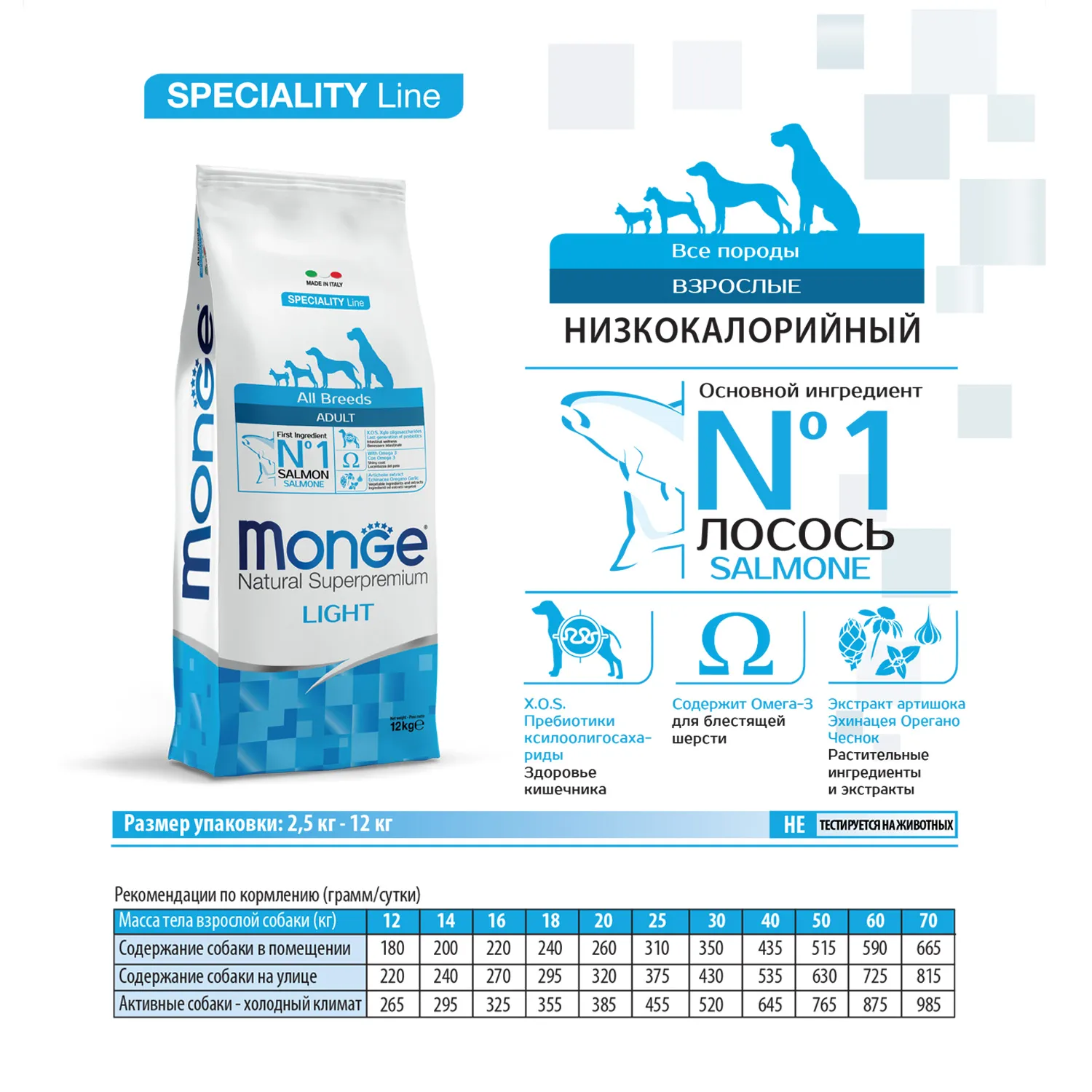 Сухой корм Monge Dog Speciality Line Light для взрослых собак всех пород, низкокалорийный, лосось с рисом 12 кг