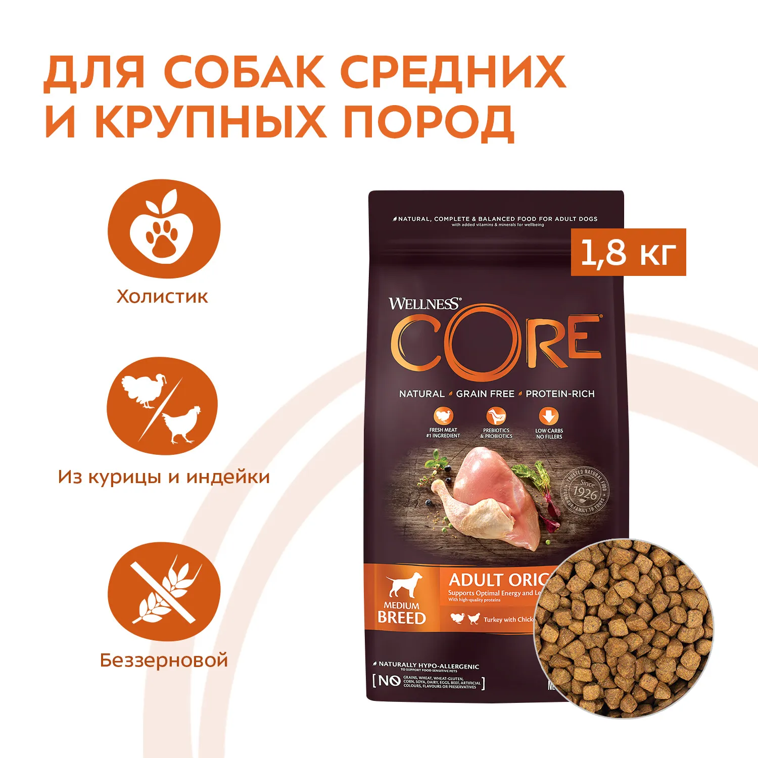 Сухой корм CORE для взрослых собак средних пород, из индейки с курицей 1,8 кг