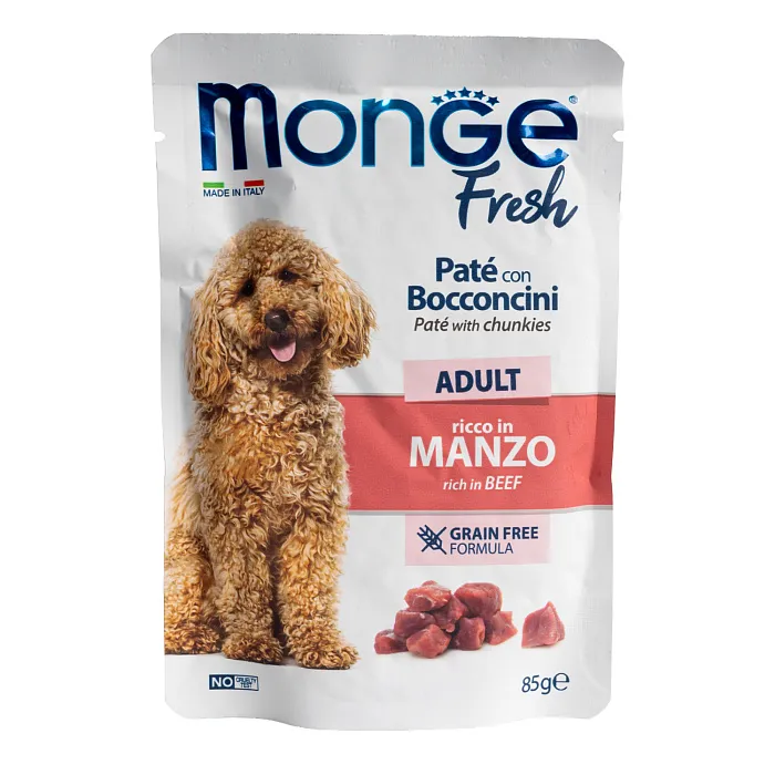 Влажный корм Monge Dog Fresh для взрослых собак, паштет с кусочками говядины, паучи 85 г