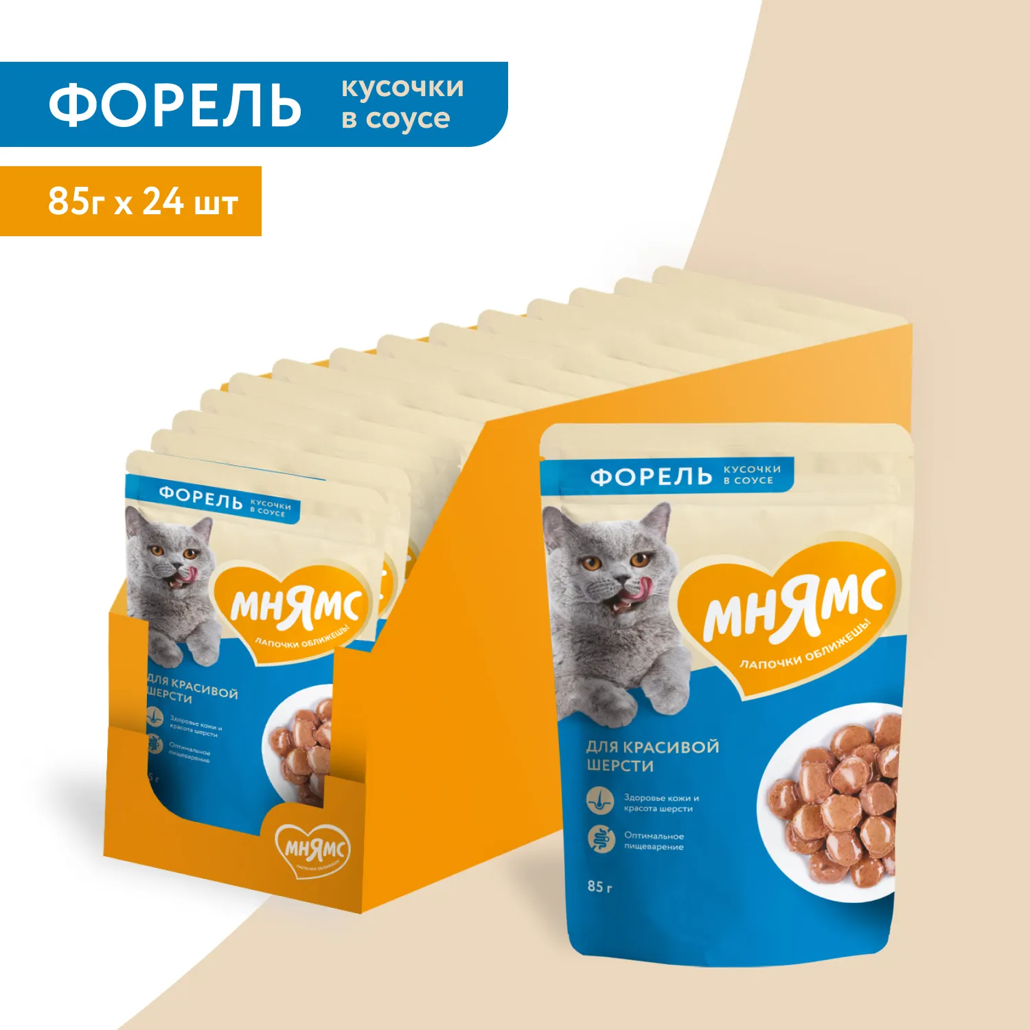 Влажный корм Мнямс На каждый день Кусочки в соусе с форелью для красивой шерсти кошек 85 г