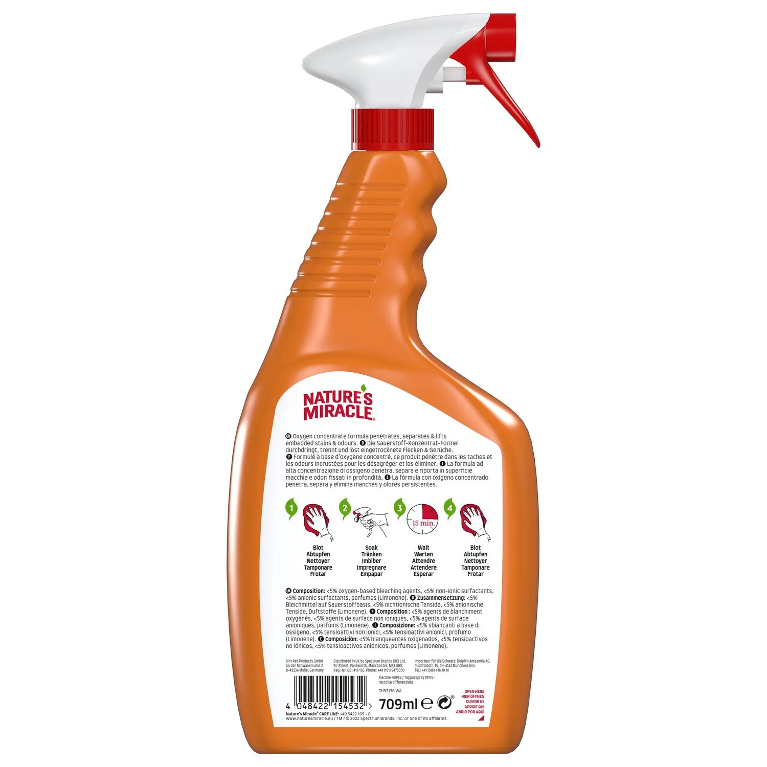 Уничтожитель пятен и запахов Nature's Miracle для кошек Окси-формула, спрей 709 мл