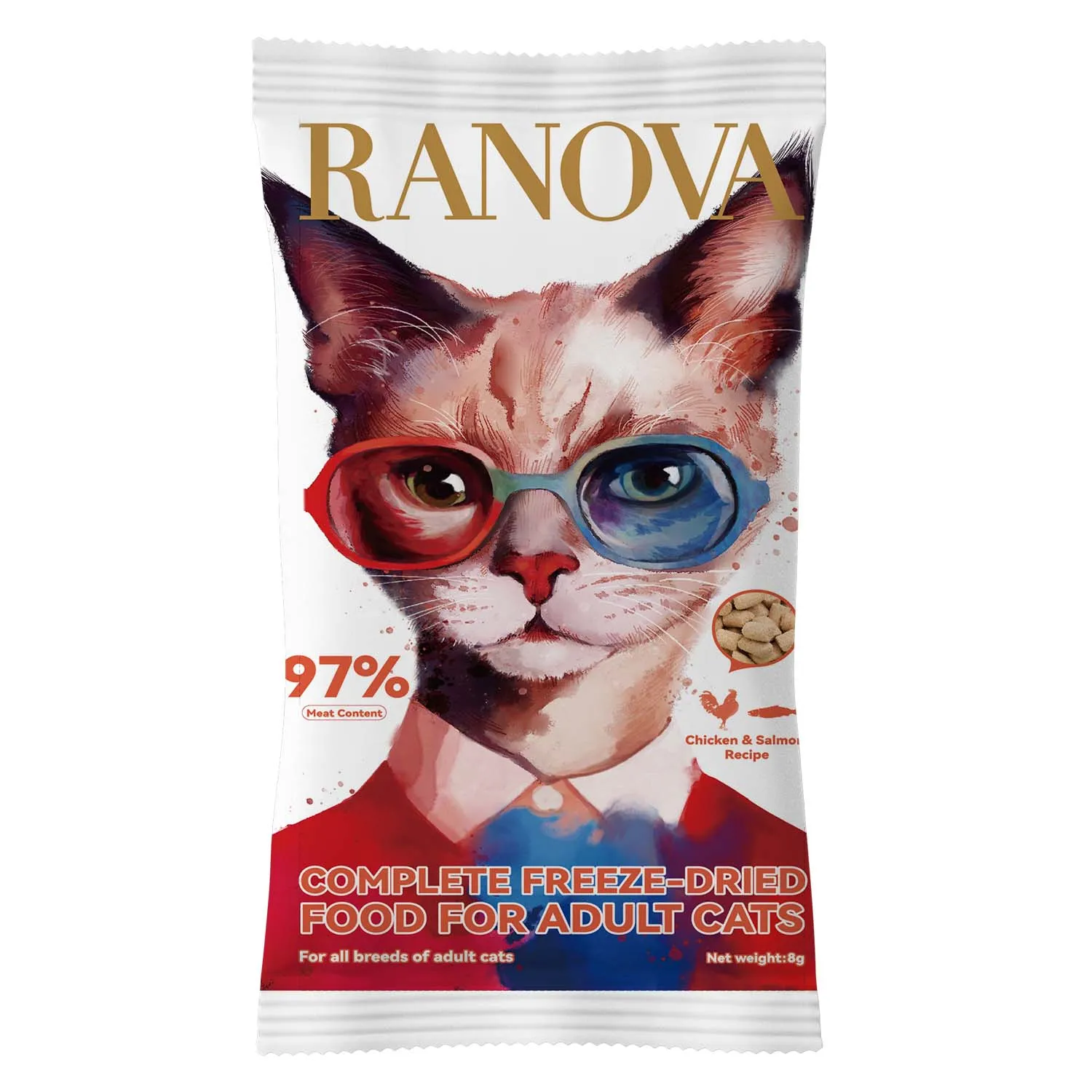 Полнорационный сухой (сублимированный) корм Ranova для кошек с курицей и лососем, 8 г