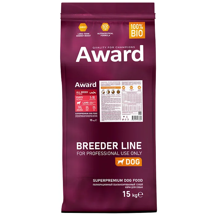 Сухой корм AWARD PFB для щенков от 1 месяца, беременных и кормящих сук всех пород с ягненком и индейкой с добавлением яблока и черники 15 кг