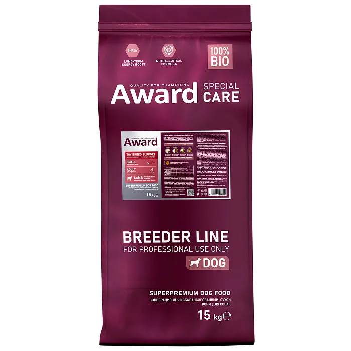 Сухой корм AWARD PFB SPECIAL CARE Toy Breed Support для взрослых собак мелких и миниатюрных пород со свежим мясом ягненка 15кг