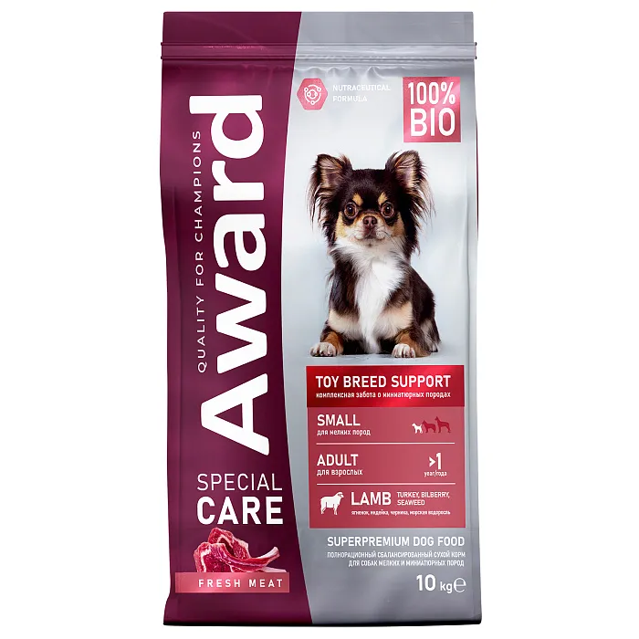 Сухой корм AWARD SPECIAL CARE Toy Breed Support для взрослых собак мелких и миниатюрных пород со свежим мясом ягненка 10кг