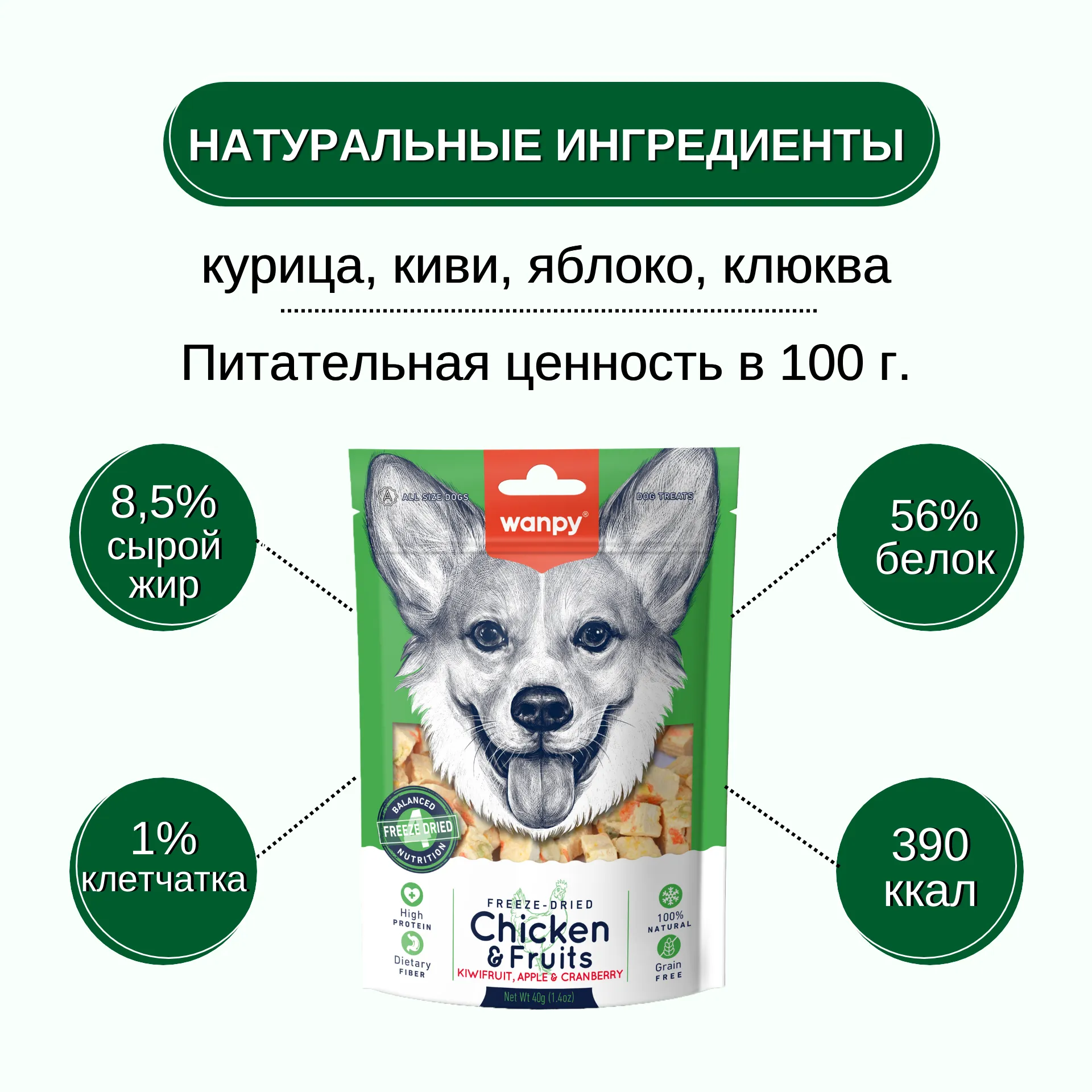Wanpy Dog Сублимированное лакомство для собак "Курица и фрукты" 40 г