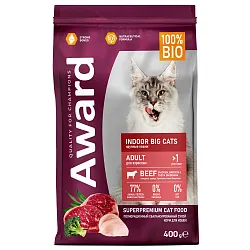 Сухой корм AWARD Indoor Big cats для взрослых домашних кошек крупных пород с говядиной и курицей с добавлением брокколи и юкки Шидигера 400г