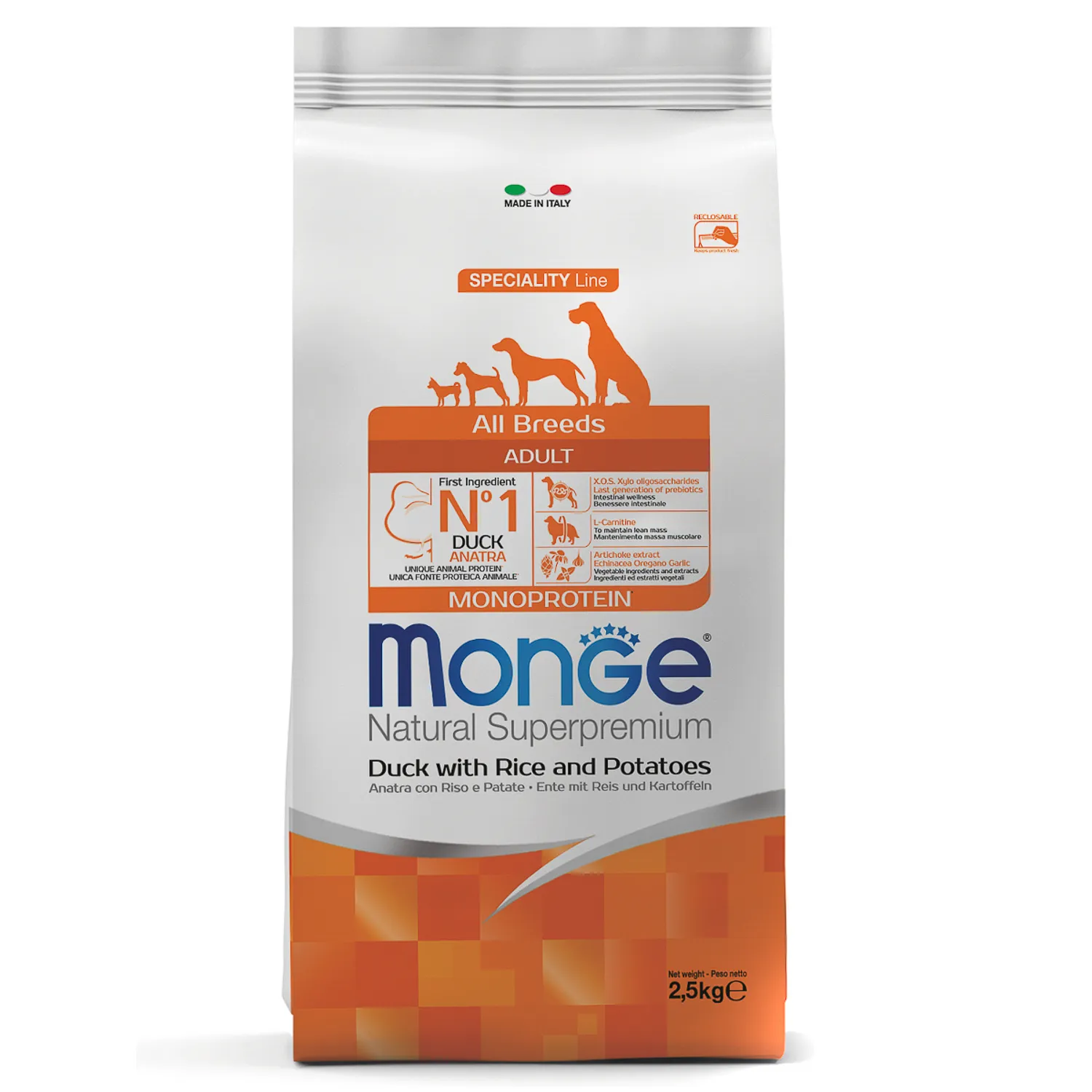 Сухой корм Monge Dog Speciality Line Monoprotein для взрослых собак всех пород, из утки с рисом и картофелем 2,5 кг