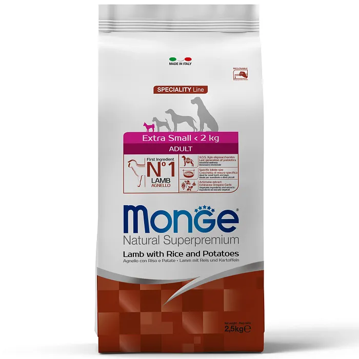 Сухой корм Monge Dog Speciality Line Extra Small для взрослых собак миниатюрных пород, из ягненка с рисом и картофелем 2,5 кг