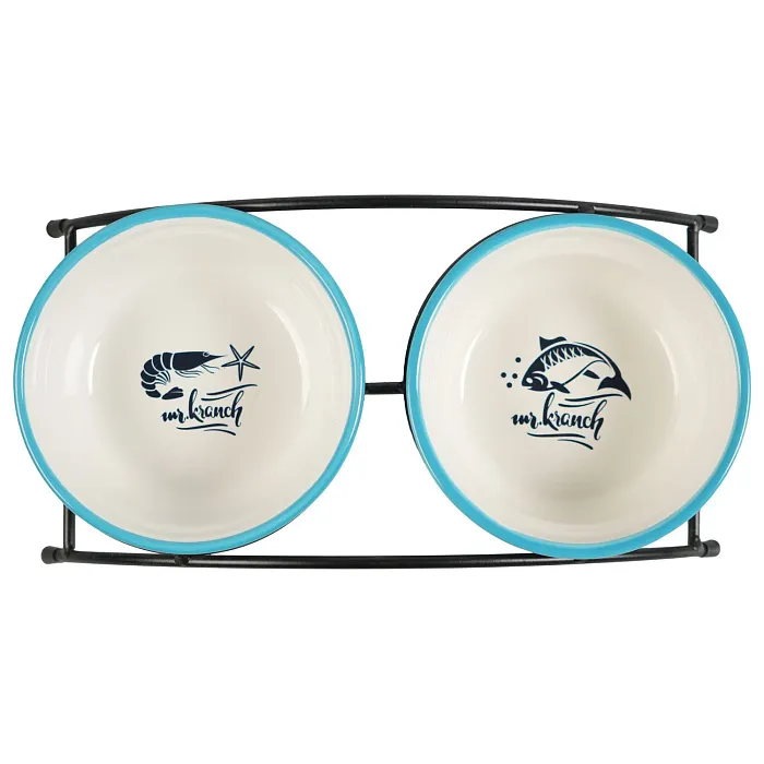 Миски Mr.Kranch на подставке для собак и кошек двойные 2x290 мл fish&chips голубые